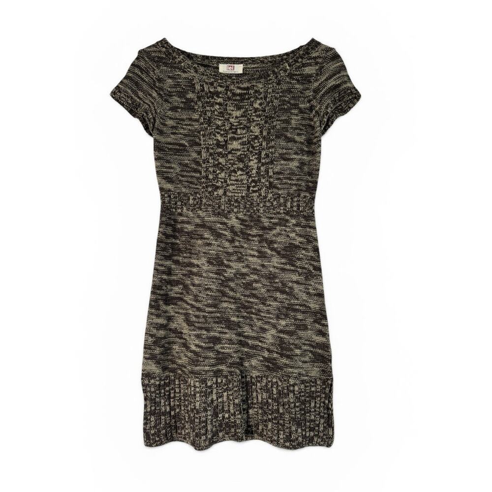 LEI Brown Beige Marled Cable Knit Sweater Dress Boat Neck Short Sleeve M Juniors